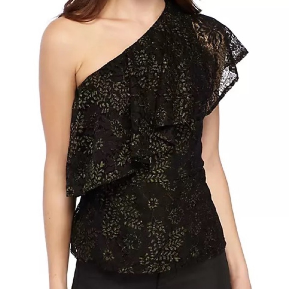 One shoulder black top